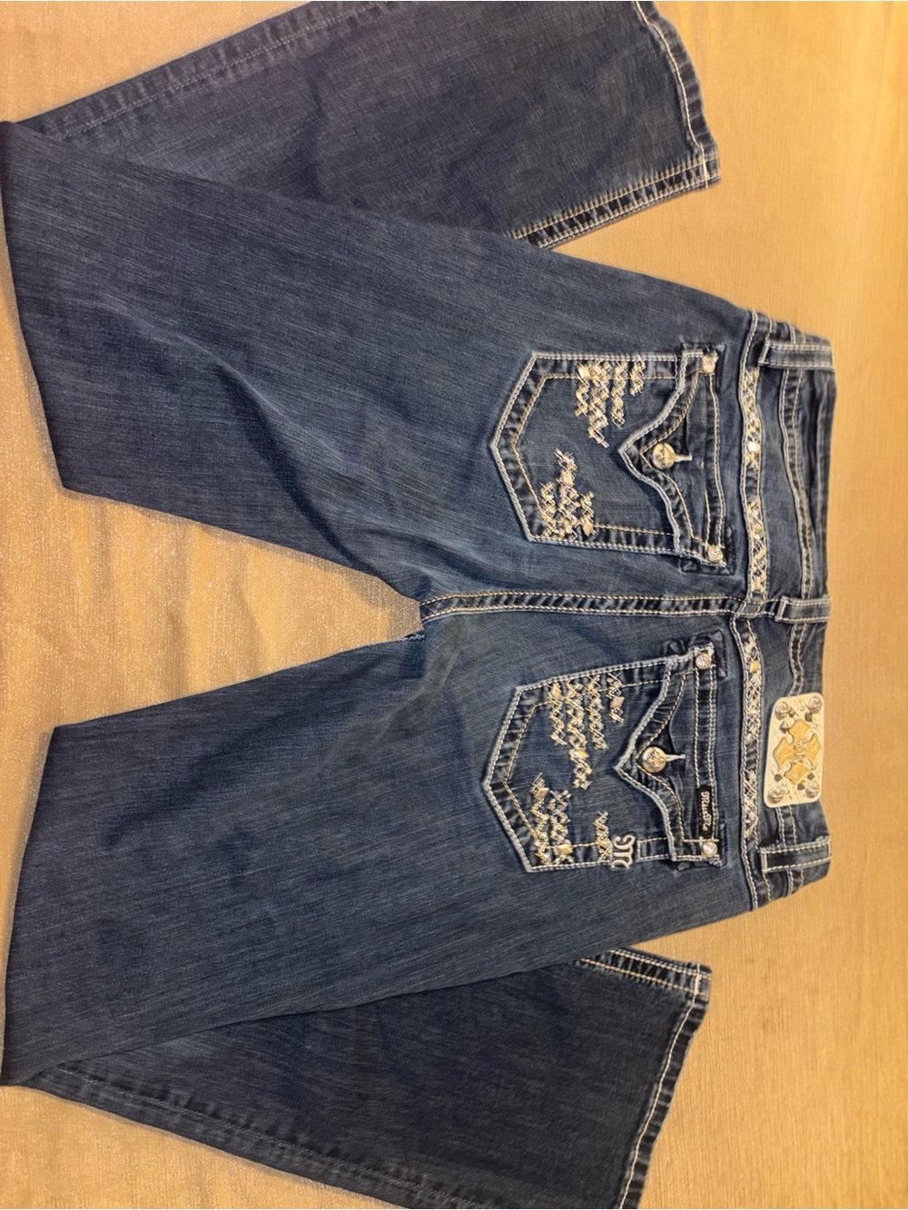 Miss Me Dark Blue Boot Cut Jeans with Embellished Back Pockets waist 34”x 31